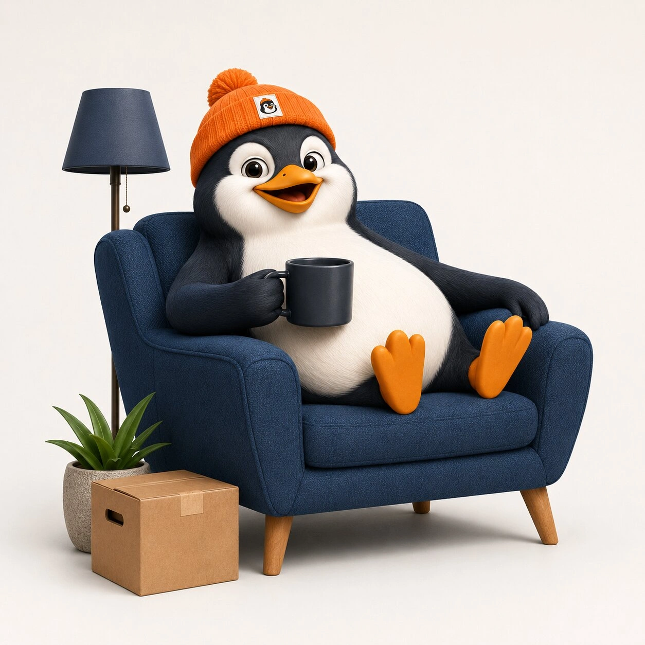 Der Umzugspinguin entspannt nach einem gelungenen Privatumzug