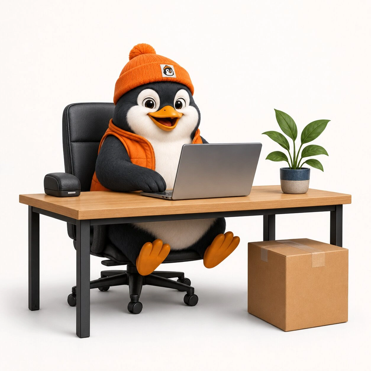 Der Umzugspinguin plant einen Firmenumzug am Schreibtisch